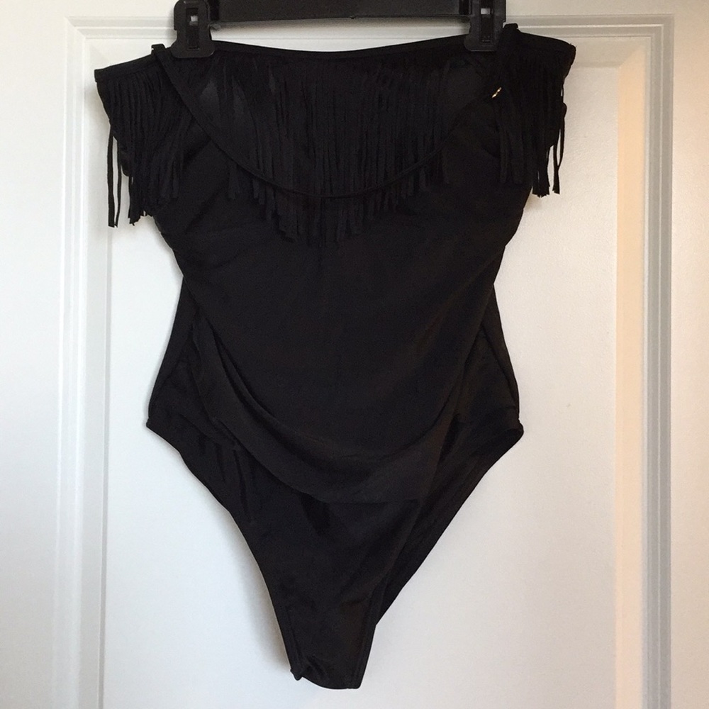 Black fringe bandeau one piece swimsuit Sz 16